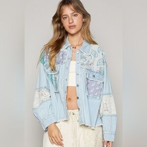 POL Mixed Patchwork Print & Light Denim Oversized Jacket